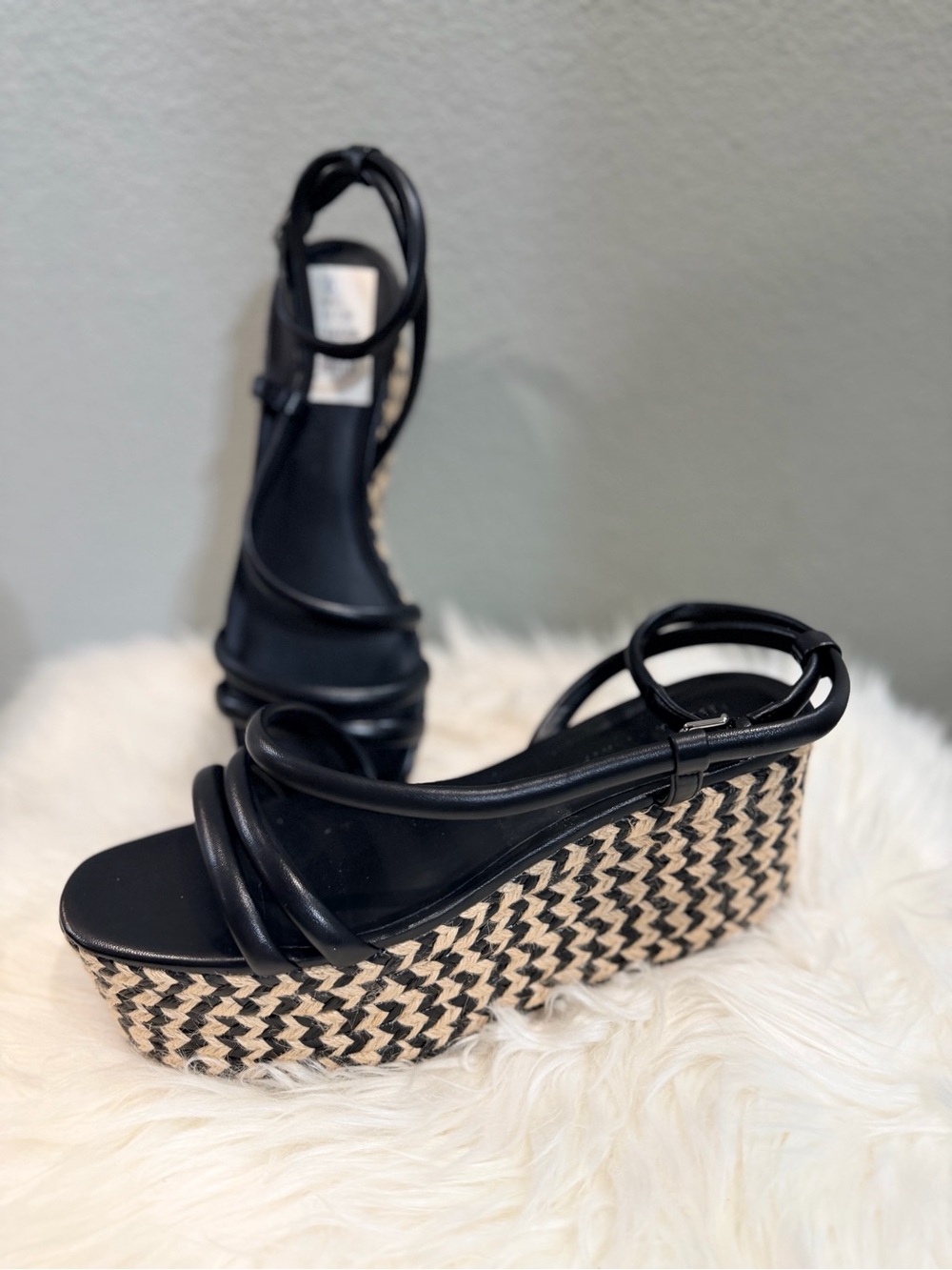 Rebecca Minkoff Black Strappy Espadrille Wedge Sandals